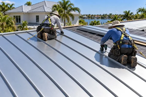 Roofers wearing safety harnesses install silver standing seam metal panels on a Florida home in bright sunlight.