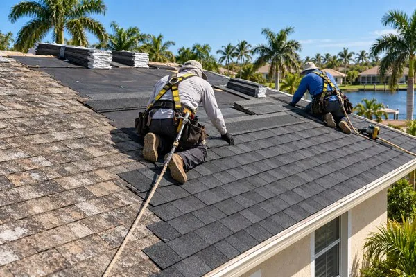Roofers installing new asphalt shingles beside a worn roof section on a Florida home under a clear blue sky.