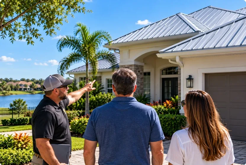 Clermont homeowners discussing the cost and value of a metal roof with a roofing contractor.