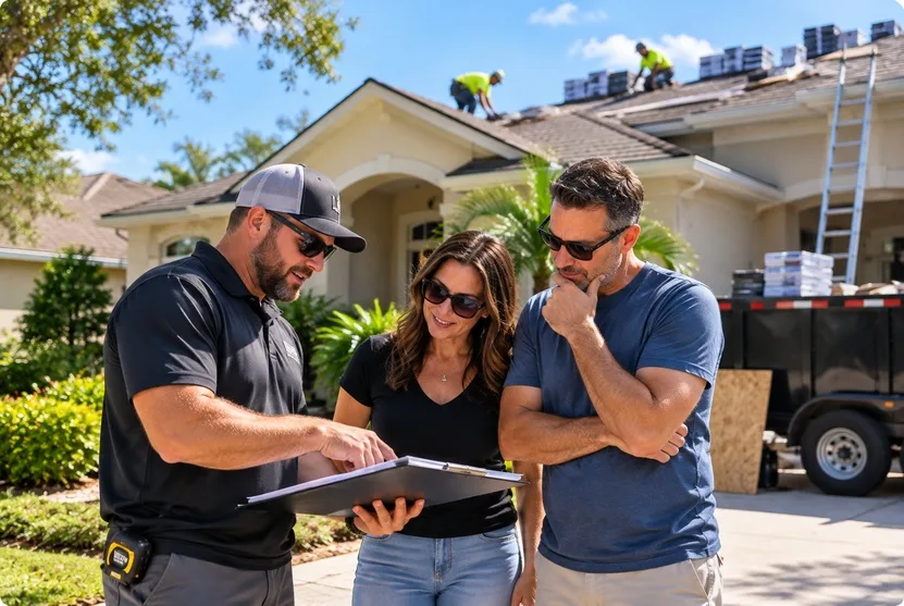 Apopka homeowners reviewing roofing project details with a contractor before signing an agreement