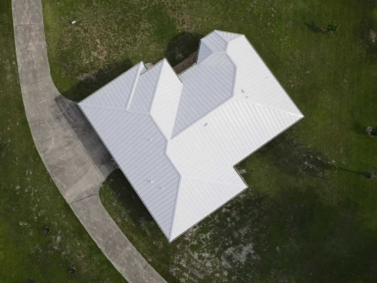 Overhead drone view of the Cocoa white metal roof