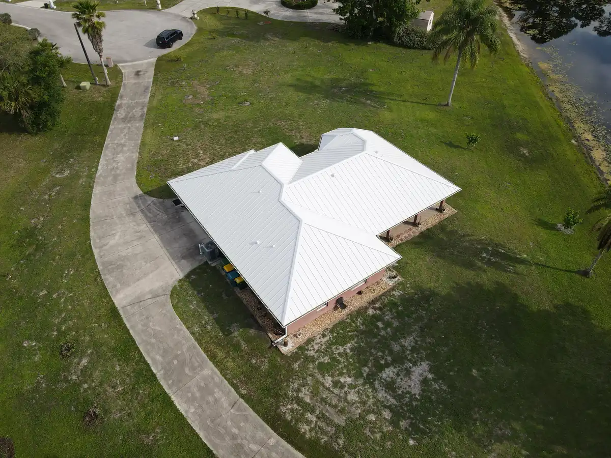Drone right view of the Cocoa white metal roof