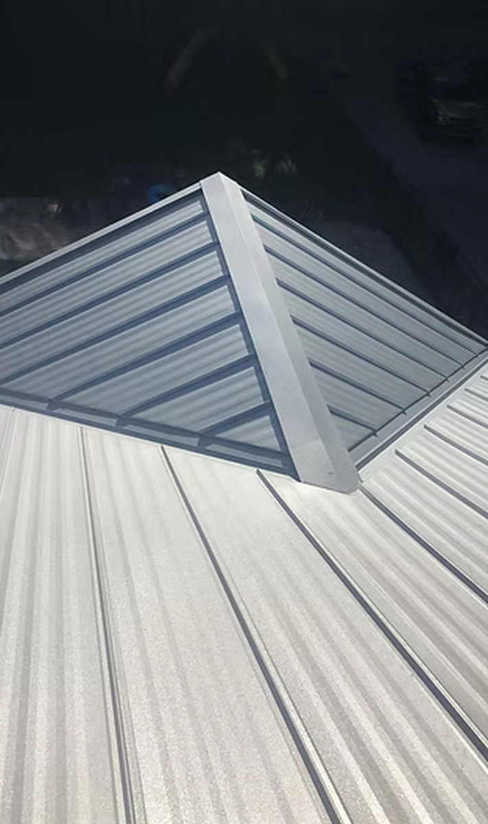 Edge detail of a grey metal roof in Oakland, Florida
