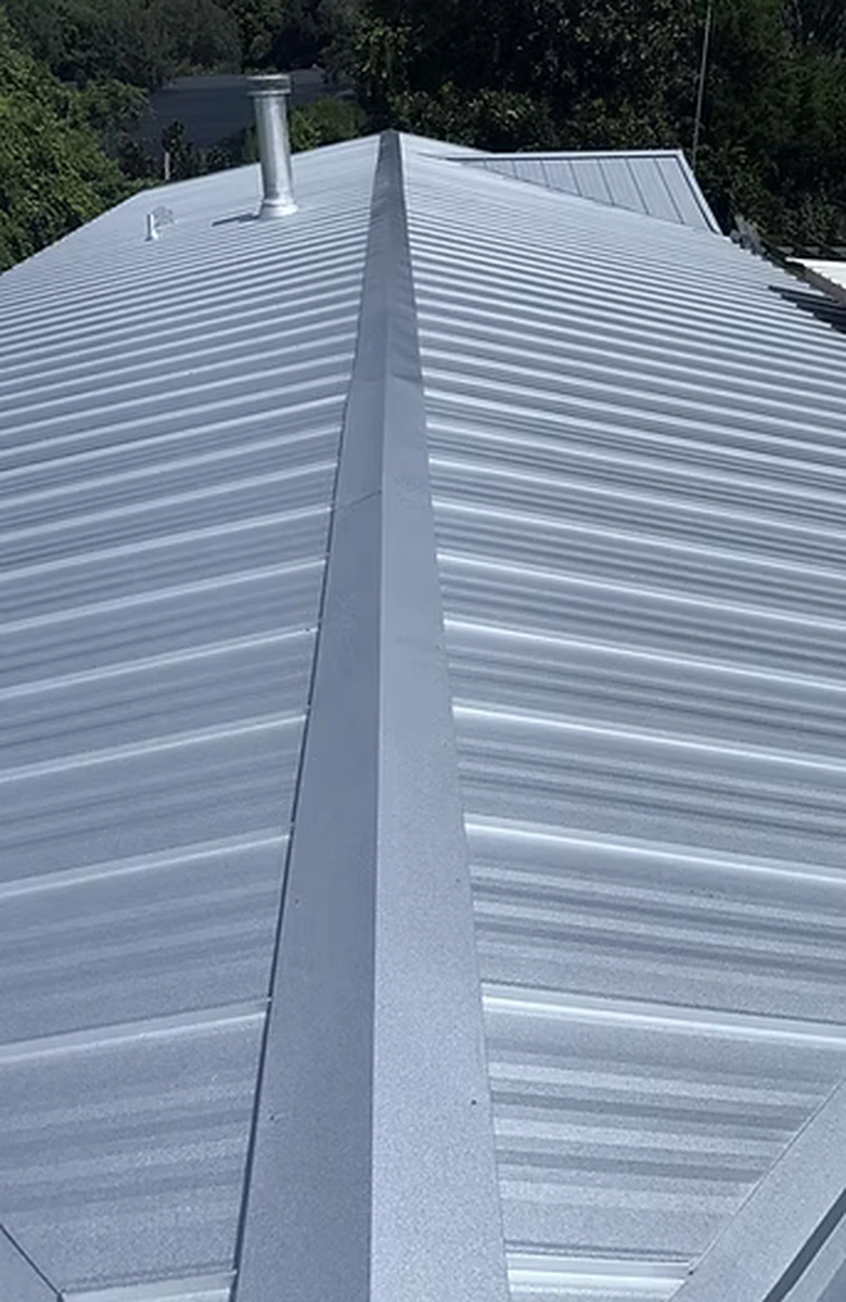 Close-up of a grey metal roof installed in Oakland, Florida