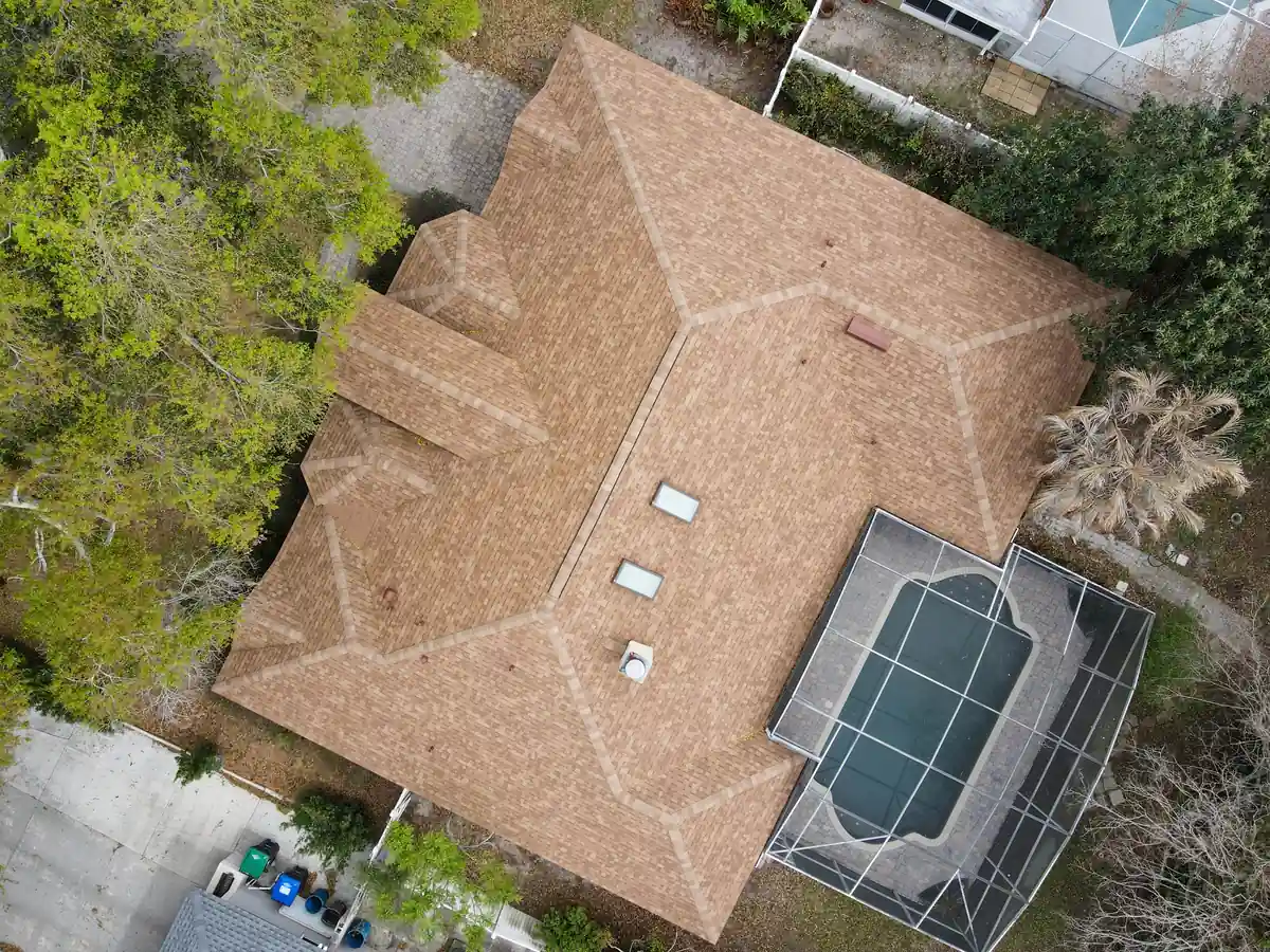 Drone view of a new shingle roof on an Orlando, Florida home